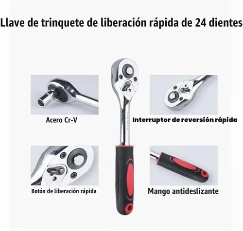 Vista 2 de Juego de llaves de trinquete de 1/4 de pulgada, kit de herramientas mecánicas y juego de enchufes con mango de trinquete reversible de liberación