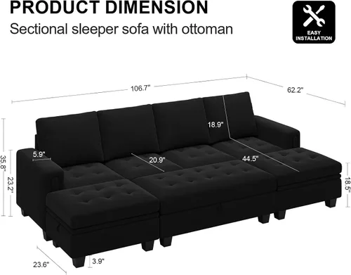 Vista 2 de Belffin Sofá cama modular convertible de terciopelo de 4 asientos con diván reversible, sofá cama seccional con almacenamiento otomano seccional