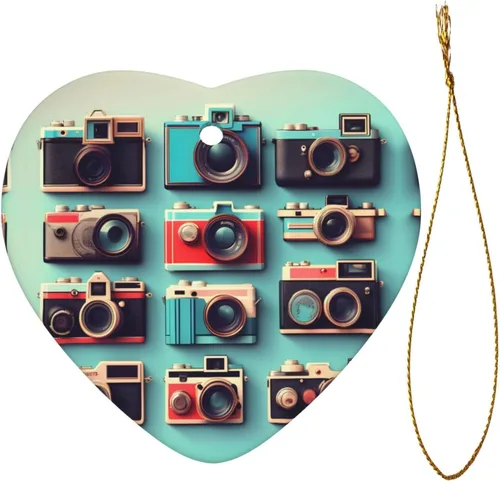 Vista 2 de Retro Cool Camera Collection Print Christmas Tree Ceramic Heart Shape Hanging Ornament, Christmas Home/Mall Decor