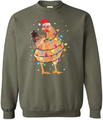 Vista 2 de Funny Christmas Chicken Shirt, Santa Hat Chicken Lights Tee Sweatshirt Hoodie, Farm Animal Holiday Graphic T-Shirt, Cute Country for Women Black