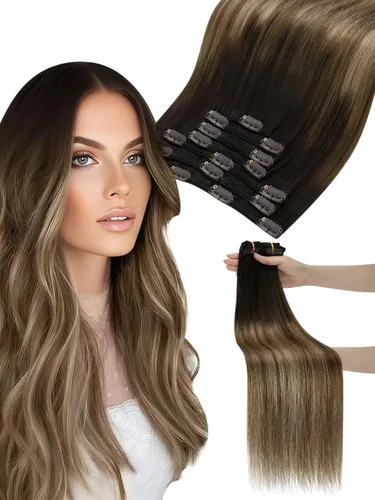 Vista 42 de Moresoo Extensiones de cabello humano con clip, balayage, color marrón oscuro a marrón dorado con clip, extensiones de cabello humano con clip, 5