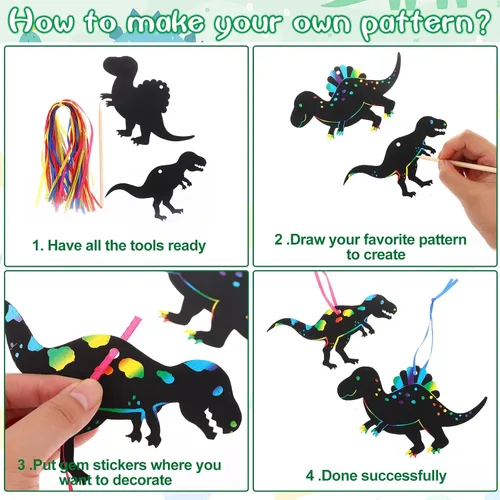 Vista 3 de Droutti Juego de 64 tarjetas de rascar con temática de dinosaurio, papel para rascar arco iris, kit de tarjetas de arte de dinosaurio, papel