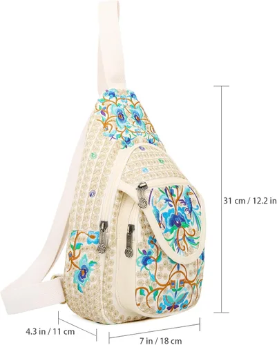 Vista 3 de SILKAREA Bolso bandolera pequeño de lona vintage para mujer, bolso cruzado, bolso cruzado bohemio bordado mochila (beige azul)