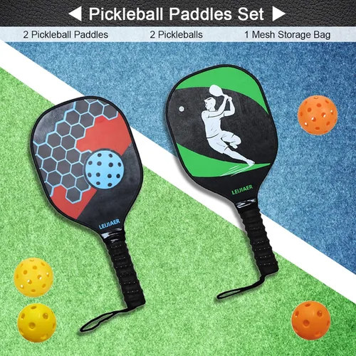 Vista 2 de Juego de 2 palas de pickleball con 2 raquetas de fibra de vidrio, 2 bolas de pickleball con bolsa de transporte para interiores y exteriores