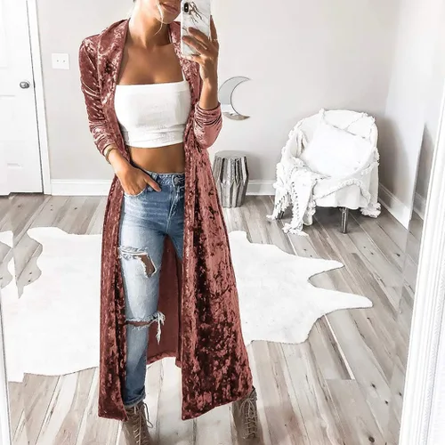 Vista 2 de Cárdigan largo de terciopelo para mujer, ropa de abrigo vintage, chaqueta de manga larga