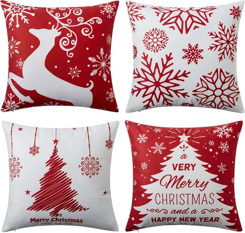Vista 9 de Juego de 4 fundas de almohada de Navidad de 18 x 18 pulgadas, fundas de almohada de Navidad azul marino, copos de nieve, fundas de almohada de Feliz