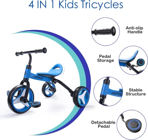 Vista 6 de YGJT Triciclo 4 en 1 para niños pequeños de 2 a 5 años, triciclos plegables para niños pequeños con asiento ajustable y pedal extraíble, juguetes