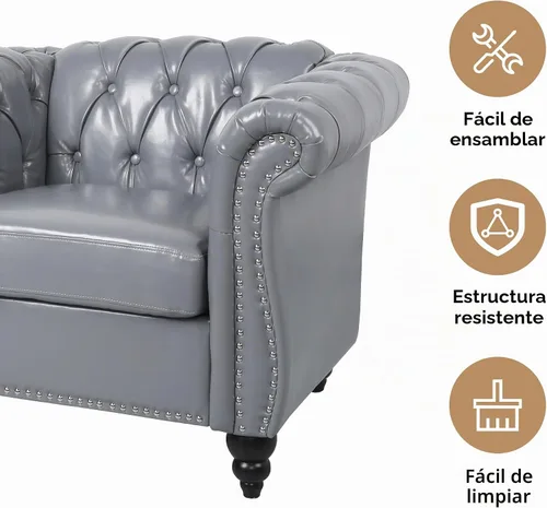 Vista 5 de QHITTY - Juego de 3 piezas para sala de estar, sofá seccional Chesterfield con silla contemporánea tapizada en cuero, sofás biplaza para sala