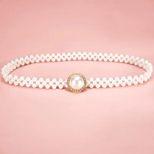 Vista 5 de Dubulle Cinturón de perlas de mujer Cadena de cintura blanca elástica para Blanco crema