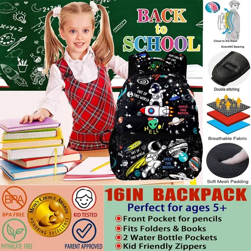 Vista 2 de BDHTYU Space Astronaut Rocket Mochila para niños y niños pequeños, mochila escolar con correa ajustable, impermeable, bolsa de libros de 16