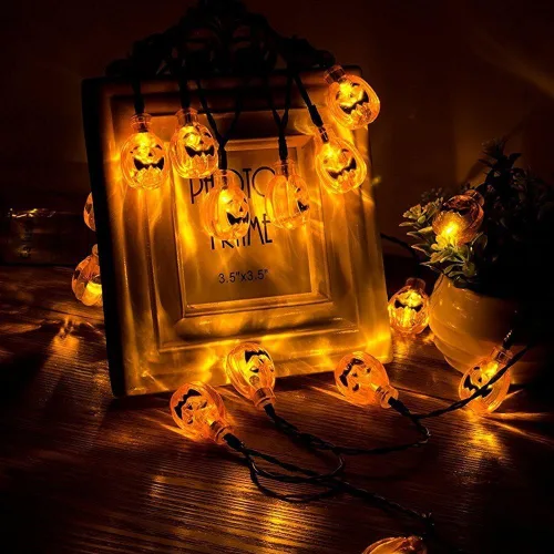 Vista 4 de YBB Tira de luces solares de calabaza, impermeable, decoración de Navidad, 20 luces LED parpadeante/modos de encendido constante, linterna