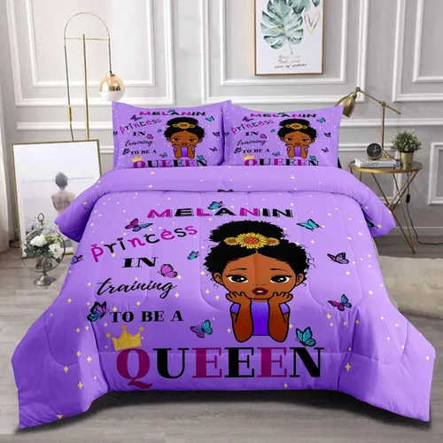 Vista 13 de Juego de edredón de niña negra tamaño individual para niños, juegos de ropa de cama mágica de niña negra, juego de edredón de princesa melanina