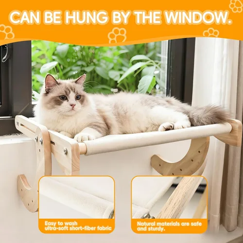 Vista 7 de 4 en 1, percha de madera para ventana de gato, cama para gatos, hamaca de roble resistente, adecuada para gatos de interior para descansar y jugar.
