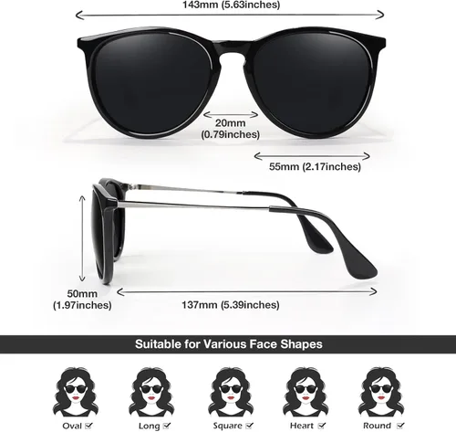 Vista 5 de LINVO Gafas de sol retro para mujer, polarizadas, protección UV, estilo vintage, estilo de diseñador, gafas de sol redondas