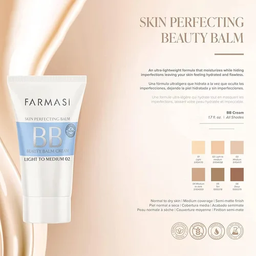 Vista 8 de FARMASi BB Cream Beauty Balm, hidratante tintado con SPF 15, acabado mate ligero, maquillaje facial de cobertura construible, 1.7 onzas líquidas, 01