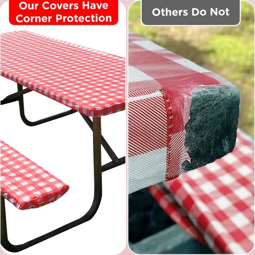 Vista 4 de Protector en las esquinas contra rasgaduras, 6 pies, mantel de vinilo ajustable para picnic con fundas de banco, impermeable, PEVA, juego de 3