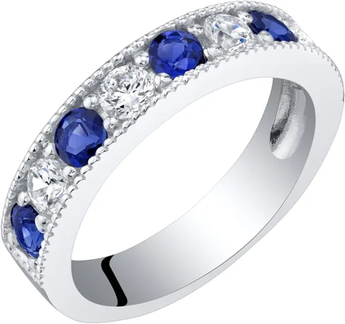 Vista 10 de PEORA Anillo de boda de plata de ley de 0.157 pulgadas con milgrain y media eternidad para mujer, varias piedras preciosas, ajuste cómodo, tamaños 5