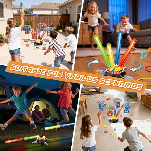 Vista 3 de VATOS Juego 3 en 1 de Sacos de Frijoles y Lanzamiento de Anillos, Salto Musical para Niños, Base Giratoria Eléctrica con Control Remoto, Luces, 12