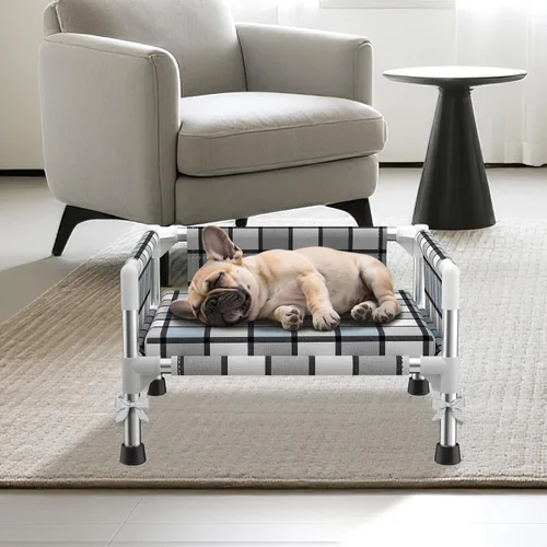 Vista 5 de Cama elevada elevada para perros al aire libre – Cuna fresca y lavable para perros con barandilla, cama de malla de algodón duradera y transpirable