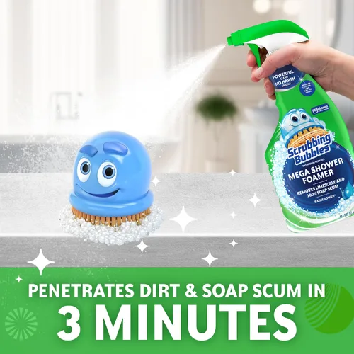Vista 4 de Scrubbing Bubbles Mega Limpiador de Baño y Ducha en Spray, Acción Espumosa Elimina el Sarro y la Suciedad, Aroma a Lluvia, 32 onzas