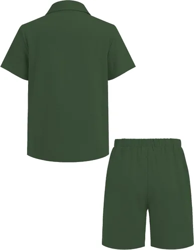 Vista 2 de COOFANDY Conjunto de camisa y pantalones cortos de algodón de manga corta con botones para niño de 2 piezas