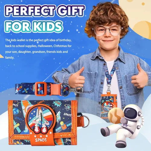 Vista 2 de YOYTOO Billetera para niños de 4 a 18 años de edad, triple pliegue, billeteras de lona para niños, novedosas carteras, regalos para niños, Space