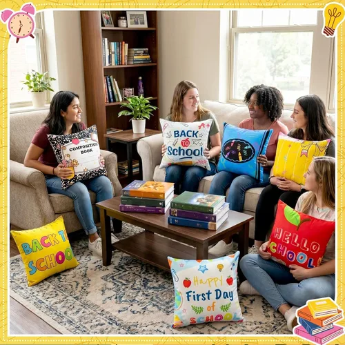 Vista 5 de 8 fundas de almohada de regreso a la escuela, 18 x 18 pulgadas, composición, fundas de almohada para cuadernos, fundas de almohada para el aula