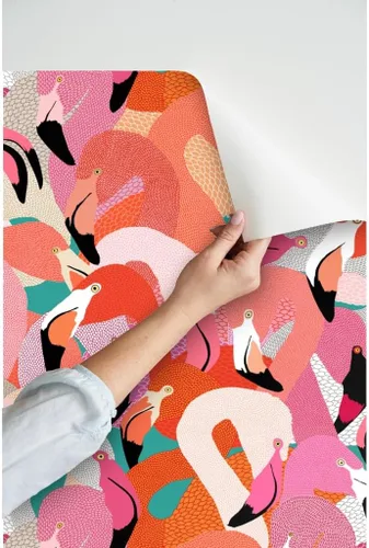 Vista 3 de Spoonflower Despegar y pegar muestra de papel tapiz - Naranja Rosa Grande Flamenco Pájaro Plumas Tropical Florida Coastal Collage Ilustración Casa