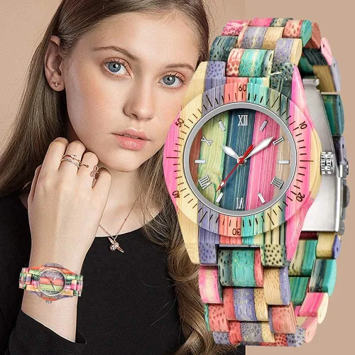 Vista 2 de Tiong Reloj de madera para mujer con correa de madera, cuarzo analógico, diseño clásico, colorido reloj de pulsera de bambú para damas, parejas..
