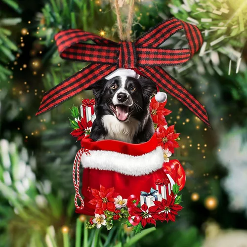 Vista 6 de Talataca Border Collie - Corona de sombrero de Navidad, para amantes de los perros, árbol de Navidad plano 2D, adorno de madera, decoración colgante