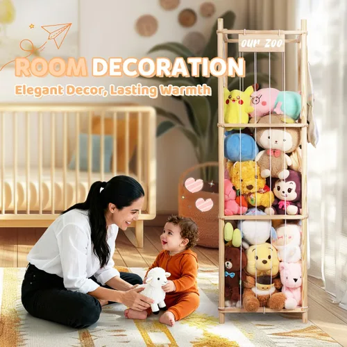 Vista 7 de Organizador de almacenamiento de animales de peluche, soporte grande de madera para juguetes de zoológico con bolsillos, peluches, almacenamiento