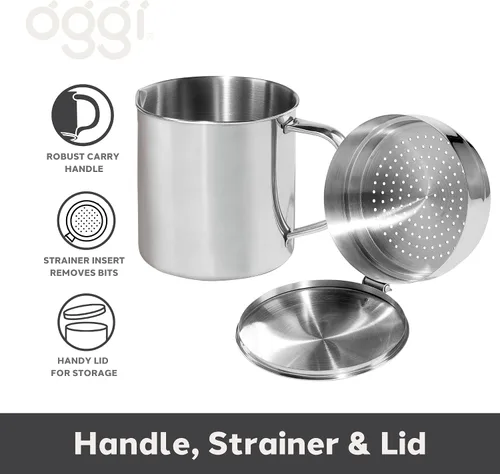 Vista 5 de Oggi 7324 Recipiente de acero inoxidable para aceite con filtro extraíble, 1 qt, 1 Cuarto de galón, Stainless