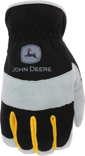 Vista 2 de John Deere Split Cowhide Palm Gloves – Yellow/Grey/Black, Large Spandex Back Gloves with Shirred Elastic Wrists