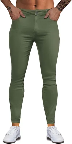 Vista 2 de WULFUL Pantalones de mezclilla ajustados para hombre, pantalones elásticos de pierna cónica, cintura expandible