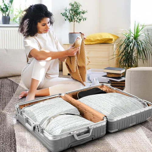 Vista 5 de Bolsa de ropa de almacenamiento de armario, ahorro de espacio de equipaje, rayas monocromáticas, impermeable, 3 juegos de cubos de embalaje de viaje