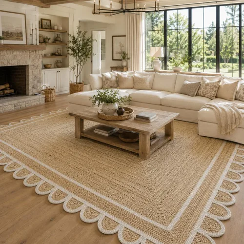 Vista 9 de Alfombra festoneada de yute natural, base natural con ribete blanco hueso, alfombra bohemia de granja hecha a mano con respaldo antideslizante