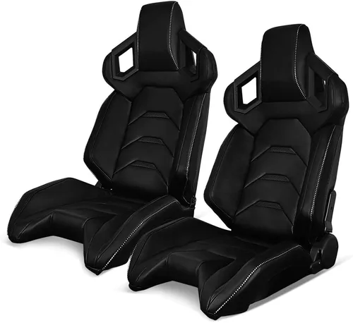 Vista 11 de IKON MOTORSPORTS, par de asientos universales para carreras con deslizadores dobles, piel de PU de fibra de carbono, color rojo con rayas