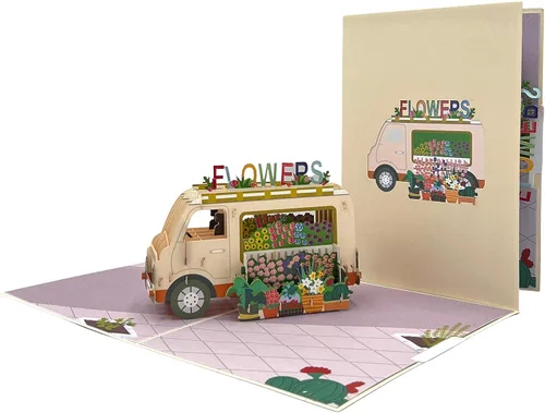 Vista 2 de Tarjeta de felicitación emergente con flores florecientes, furgonetas de aventura, vehículo floral, amante de la naturaleza, tema clásico
