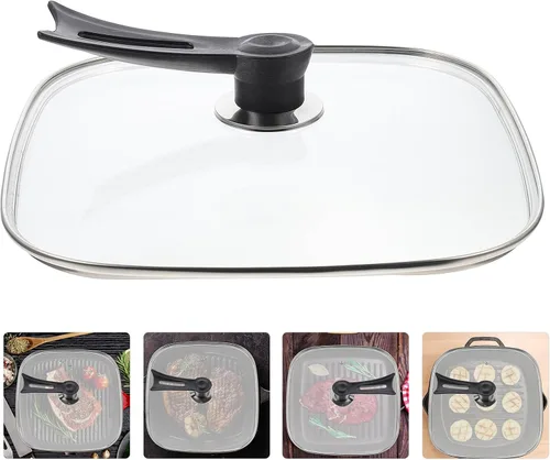 Vista 8 de UPKOCH Tapa de vidrio cuadrada de repuesto para parrilla de hierro fundido, tapa de sartén universal para olla, cubierta de sartén, cubierta