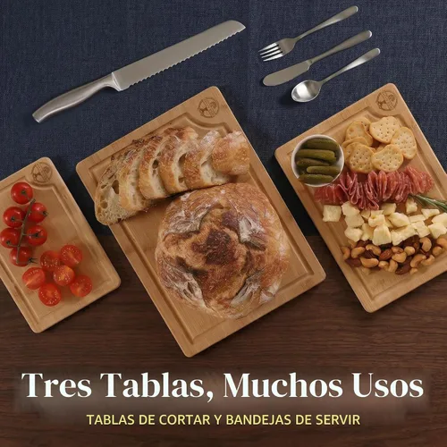 Vista 8 de Deer & Oak Juego de tablas de cortar de bambú de 3 piezas, tablas de cortar de madera previamente engrasadas para cocinas de 13.0 x 9.4 in, 11.0 x