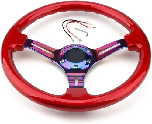 Vista 8 de Volante de Carreras de Coche de 6 Pernos Marco de Radios Neo Cromado Arcoíris Volante Universal de Posventa Compatible con Coche y Juego de Negro