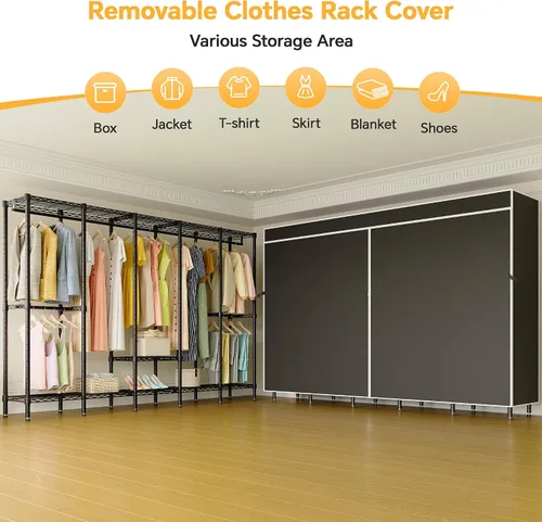 Vista 3 de Higeego Perchero de Ropa Resistente de 94.5" de Ancho con Cubierta, Perchero de Ropa H5C con Estantes Ajustables Armario Closet Independiente