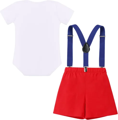 Vista 2 de Conjunto de traje de banderín para el primer cumpleaños de bebé niño pajarita pantalones cortos tirantes en la espalda en Y sesiones de fotos