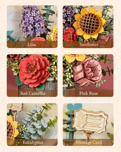 Vista 7 de Rowood Rompecabezas 3D para adultos, juego de construcción de ramo de flores de madera, colección botánica de flores artificiales, día de la madre