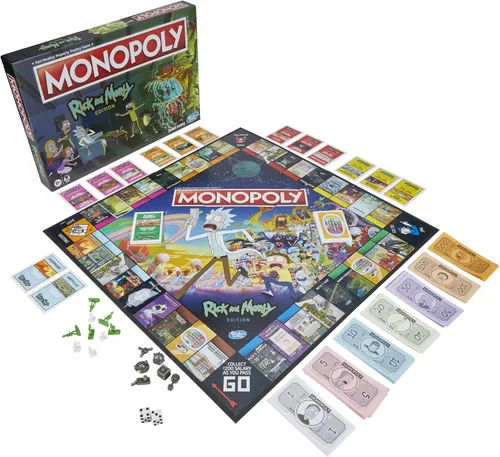 Vista 3 de Hasbro Gaming Monopoly: Rick and Morty Edition Juego de mesa, juego de red de dibujos animados para familias y adolescentes mayores de 17 años