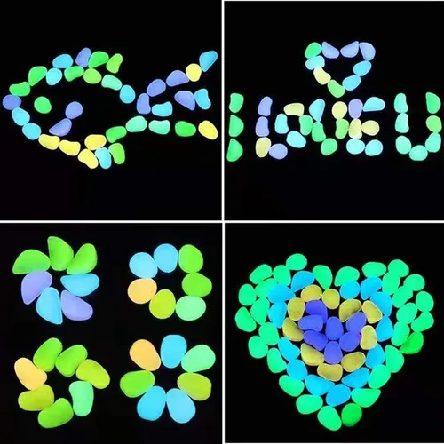 Vista 2 de Piedras brillantes moradas que brillan en la oscuridad, piedras luminosas para plantas de decoración de aceras, guijarros de plástico brillantes