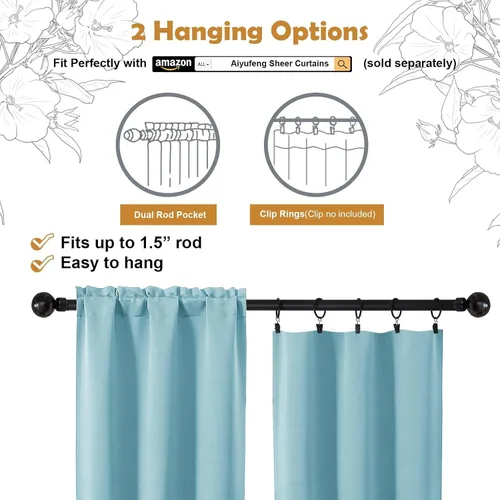 Vista 2 de Aiyufeng 2 paneles de cortinas opacas color aguamarina para dormitorio de 63 pulgadas de largo, con aislamiento térmico sólido y bolsillo