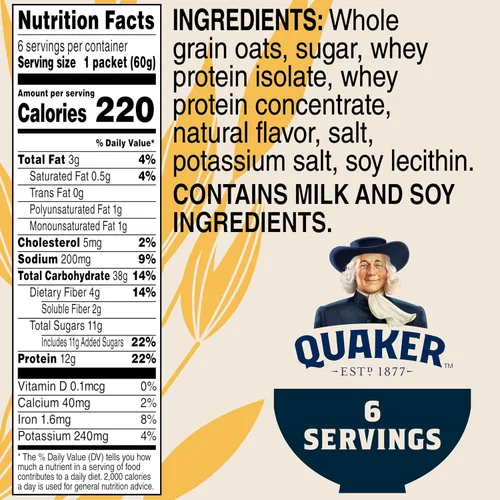 Vista 2 de Quaker Avena instantánea, proteína de azúcar morena de arce, 0.35 onzas de proteína, 12.6 onzas, paquete de 6
