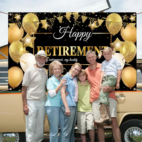 Vista 6 de GEMLORD Decoraciones de fiesta de jubilación con texto en inglés «Happy Retirement» de tela grande, telón de fondo negro y dorado con cuerda