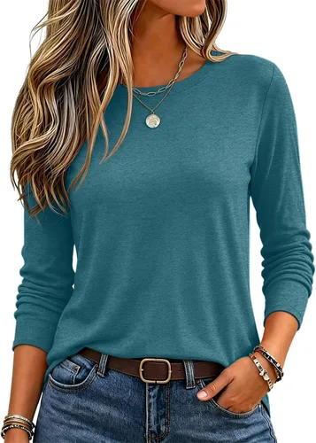 Vista 45 de Zeagoo Paquete de 3 camisetas de manga larga para mujer, estilo casual, suave, cuello redondo, básicas, ropa de otoño Z Rayas Azul 273